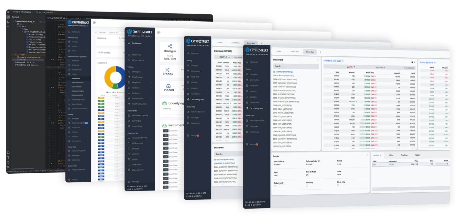 CryptoStruct trading platform screenshots: dashboard, order management and analytics